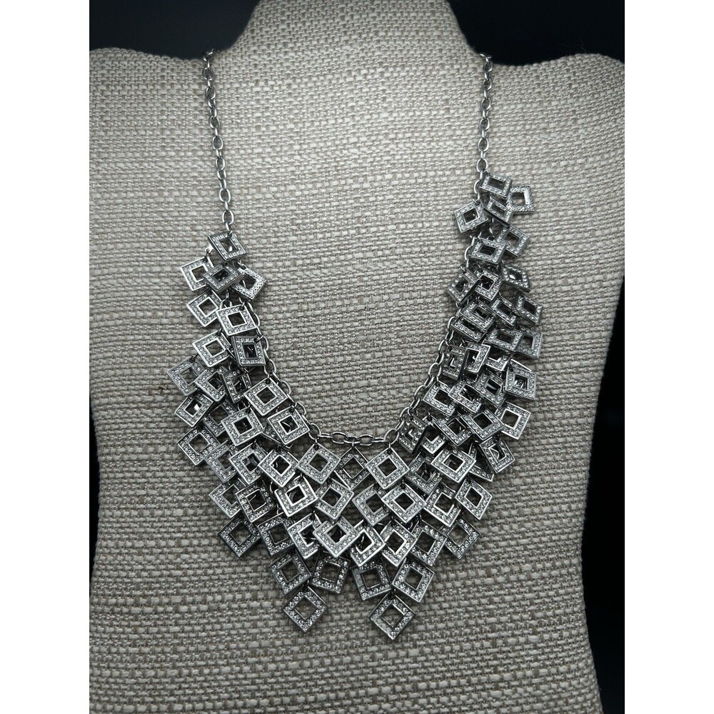 Valeska Silver Tone Rhinestone Geometric Square Cluster Bib Statement Necklace
